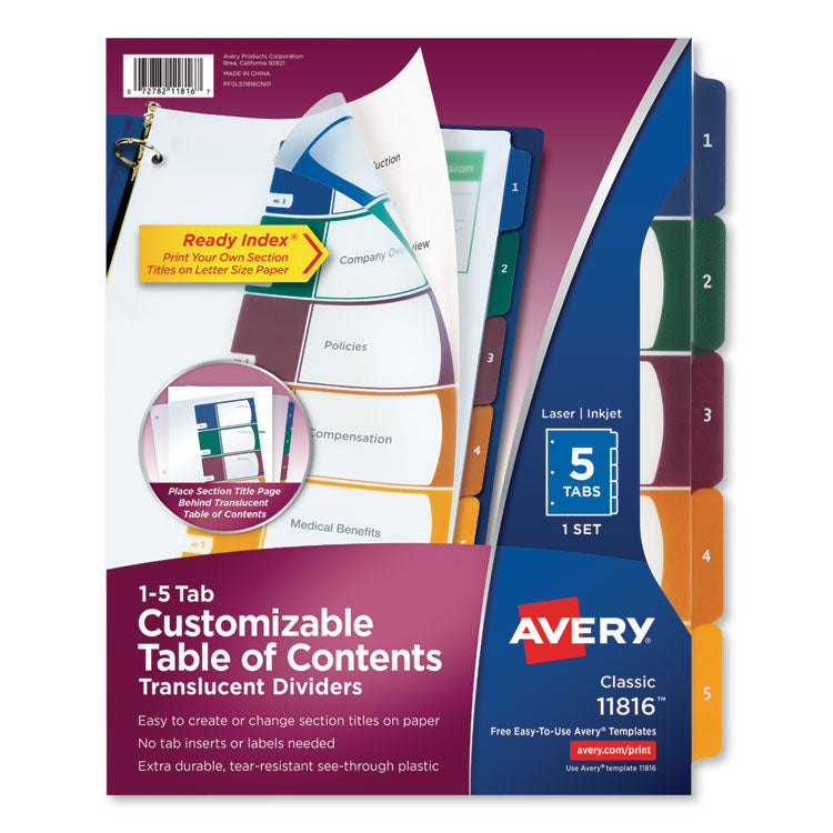 Avery Customizable Table of Contents Ready Index Dividers with Multicolor Tabs, 5-Tab, 1 to 5, 11 x 8.5, Translucent, 1 Set (AVE11816) Set of 5