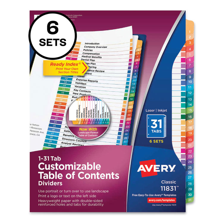 Avery Customizable Table of Contents Ready Index Multicolor Dividers, 31-Tab, 1 to 31, 11 x 8.5, White, 6 Sets (AVE11831) Pack of 6
