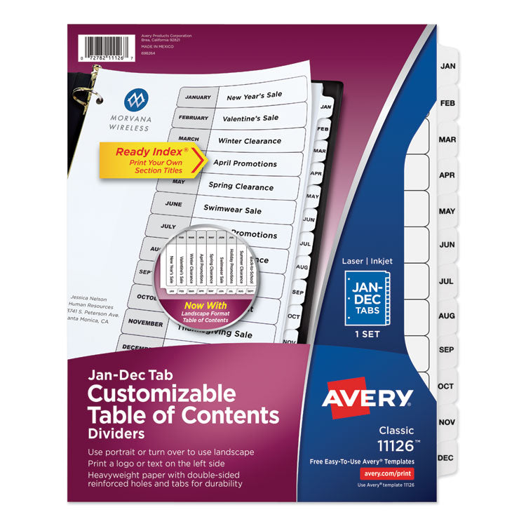Avery Customizable TOC Ready Index Black and White Dividers, 12-Tab, Jan. to Dec., 11 x 8.5, 1 Set (AVE11126) 1 Set of 12