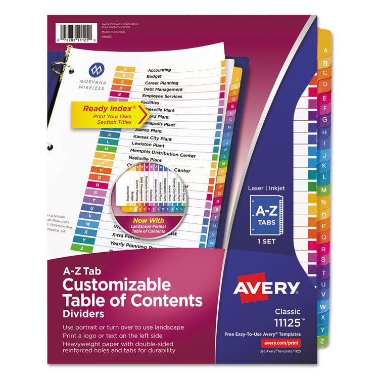 Avery Customizable TOC Ready Index Multicolor Tab Dividers, 26-Tab, A to Z, 11 x 8.5, White, Traditional Color Tabs, 1 Set (AVE11125) Set of 26