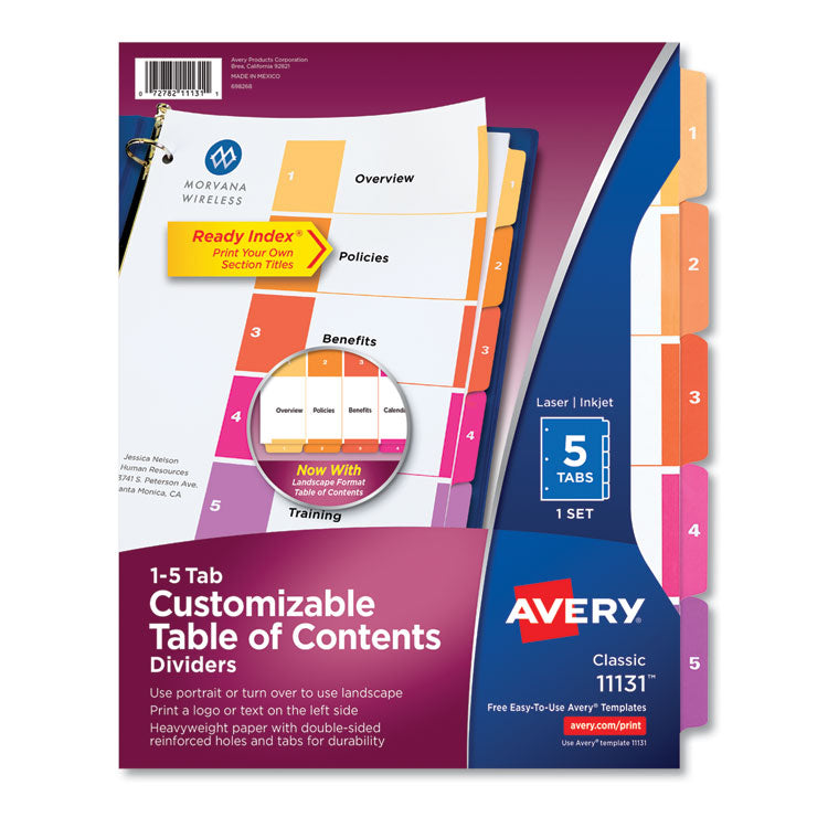 Avery Customizable TOC Ready Index Multicolor Tab Dividers, 5-Tab, 1 to 5, 11 x 8.5, White, Traditional Color Tabs, 1 Set (AVE11131) Each