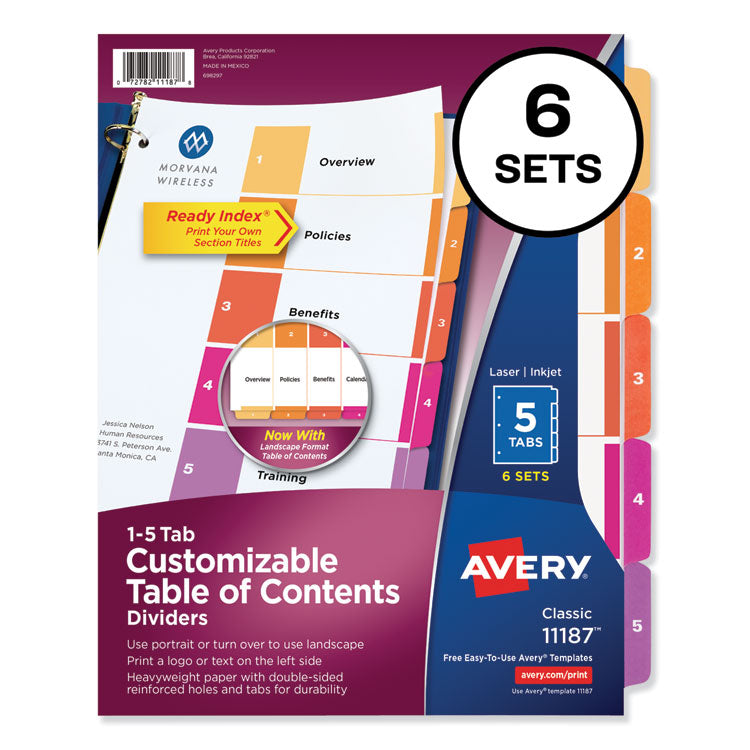 Avery Customizable TOC Ready Index Multicolor Tab Dividers, 5-Tab, 1 to 5, 11 x 8.5, White, Traditional Color Tabs, 6 Sets (AVE11187) 6 Sets of 10