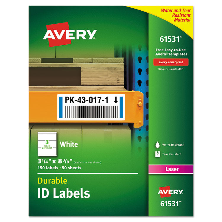 Avery Durable Permanent ID Labels with TrueBlock Technology, Laser Printers, 3.25 x 8.38, White, 3/Sheet, 50 Sheets/Pack (AVE61531) Box of 150