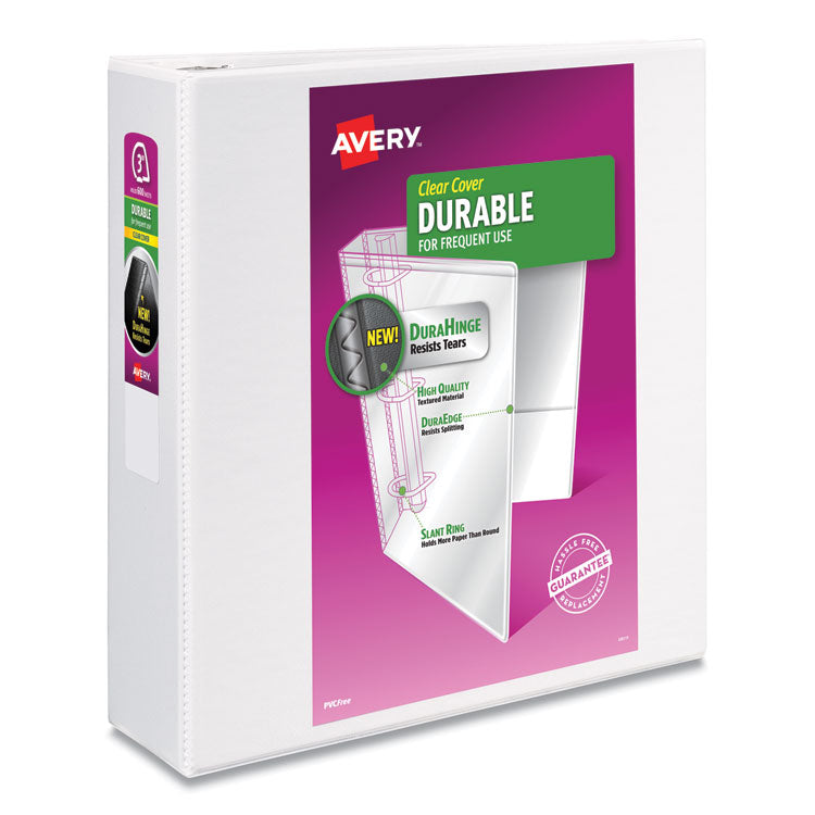 Avery Durable View Binder with DuraHinge and Slant Rings, 3 Rings, 3" Capacity, 11 x 8.5, White, 4/Pack (AVE17030) Pack of 4