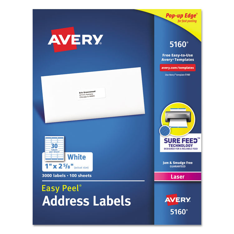 Avery Easy Peel White Address Labels w/ Sure Feed Technology, Laser Printers, 1 x 2.63, White, 30/Sheet, 100 Sheets/Box (AVE5160) Box of 3000