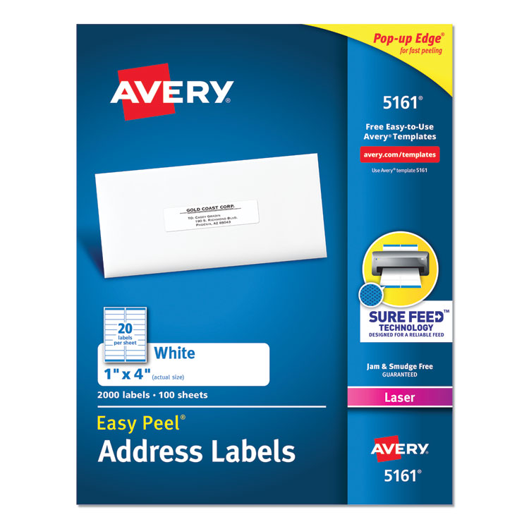 Avery Easy Peel White Address Labels w/ Sure Feed Technology, Laser Printers, 1 x 4, White, 20/Sheet, 100 Sheets/Box (AVE5161) Box of 2000