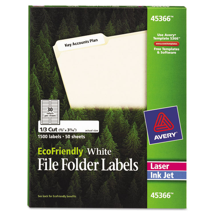 Avery EcoFriendly Permanent File Folder Labels, 0.66 x 3.44, White, 30/Sheet, 50 Sheets/Pack (AVE45366) Box of 1500