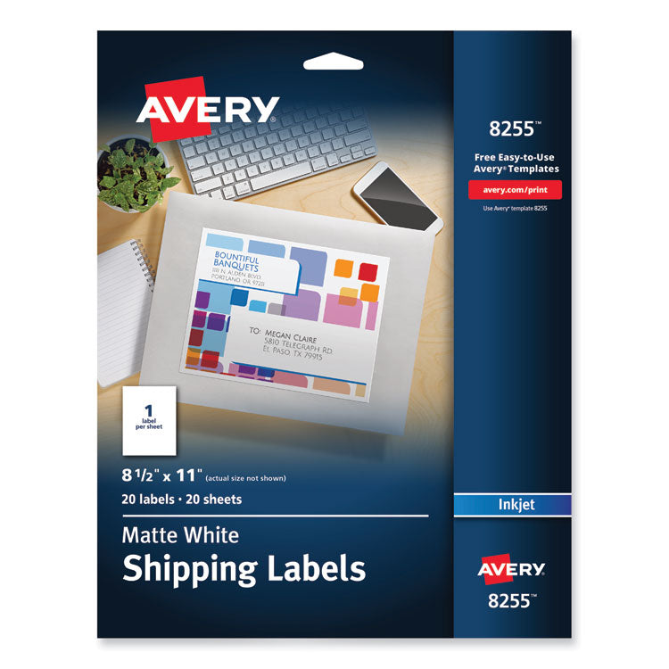 Avery Full-Sheet Vibrant Inkjet Color-Print Labels, 8.5 x 11, Matte White, 20/Pack (AVE8255) Pack of 20