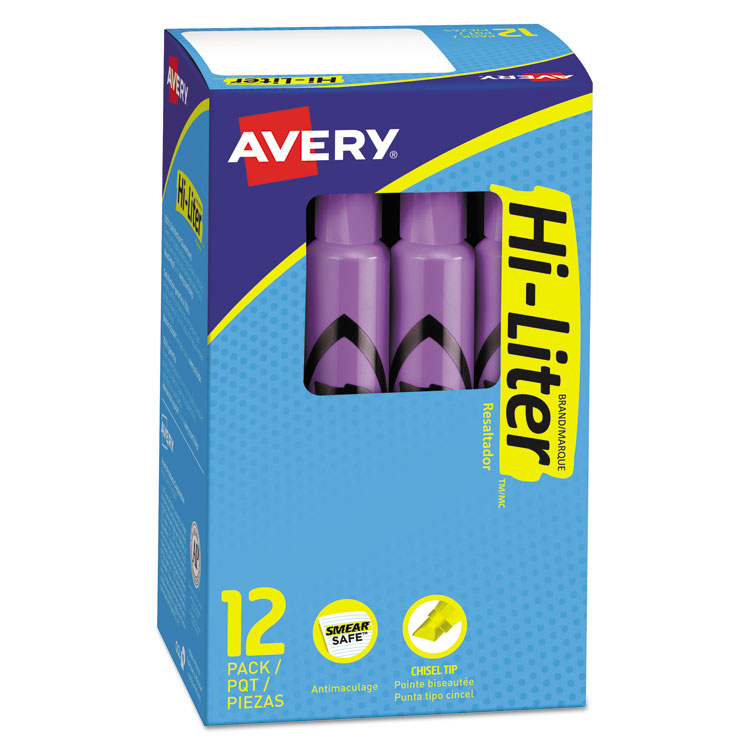Avery HI-LITER Desk-Style Highlighters, Fluorescent Purple Ink, Chisel Tip, Purple/Black Barrel, Dozen (AVE24060) Box of 12