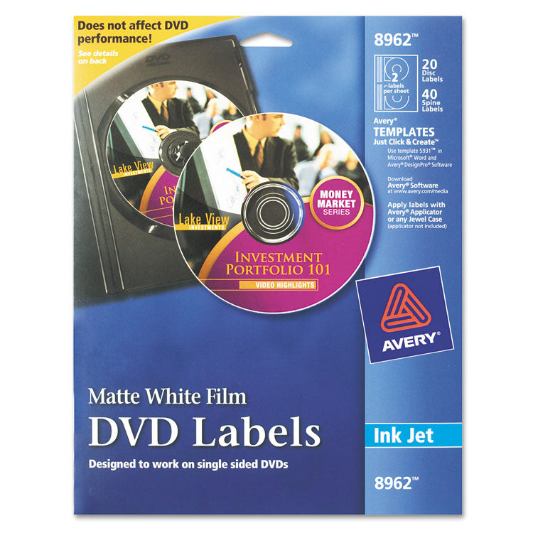 Avery Inkjet DVD Labels, Matte White, 20/Pack (AVE8962) Pack of 20