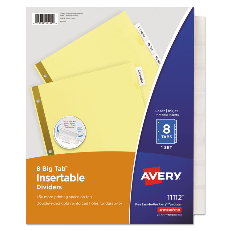 Avery Insertable Big Tab Dividers, 8-Tab, Double-Sided Gold Edge Reinforcing, 11 x 8.5, Buff, Clear Tabs, 1 Set (AVE11112) Set of 8