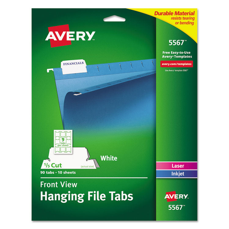 Avery Laser Printable Hanging File Tabs, 1/5-Cut, White, 2.06" Wide, 90/Pack (AVE5567) Pack of 90
