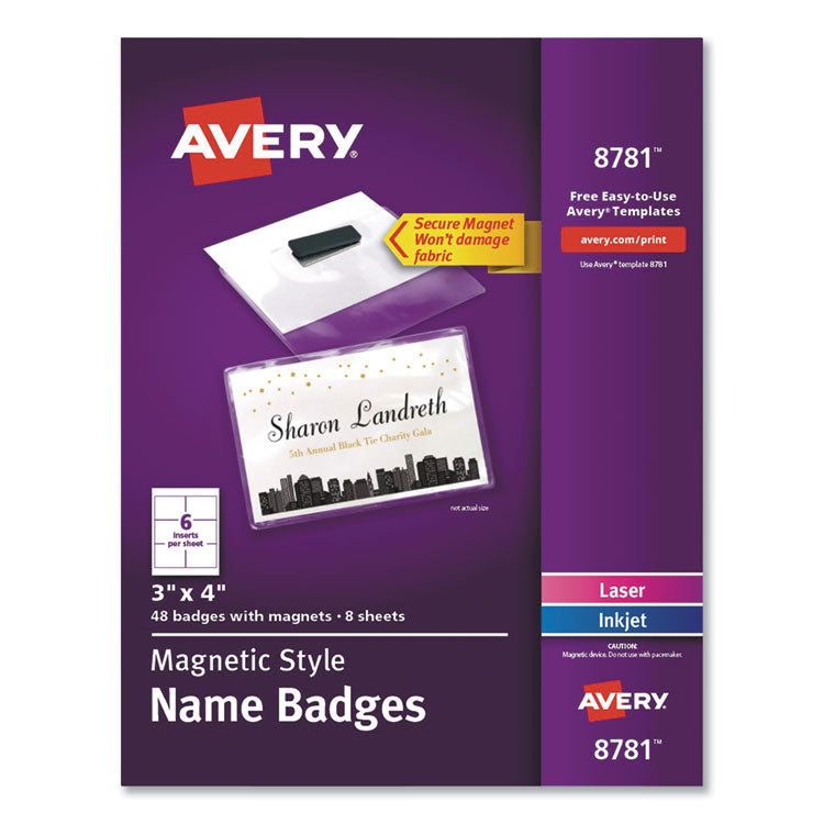Avery Magnetic Style Name Badge Kit, Horizontal, 4" x 3", White, 48/Pack (AVE8781) Pack of 48