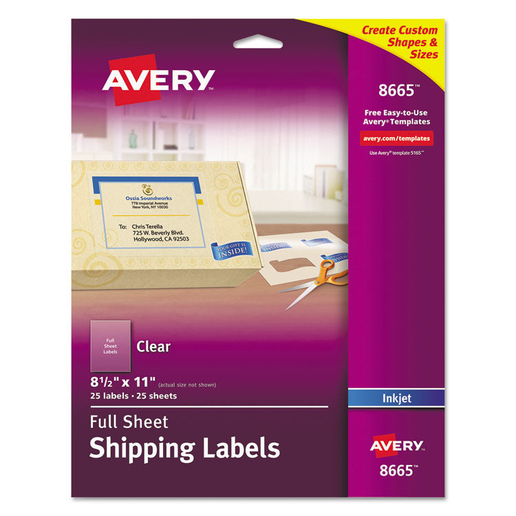 Avery Matte Clear Shipping Labels, Inkjet Printers, 8.5 x 11, Clear, 25/Pack (AVE8665) Pack of 25