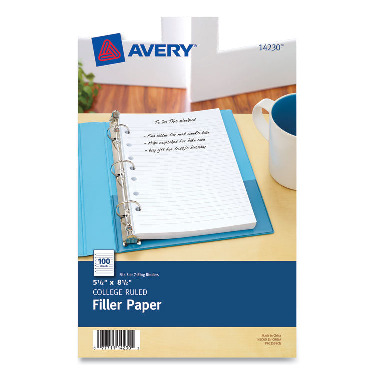 Avery Mini Size Binder Filler Paper, 7-Hole Side Punched, 5.5 x 8.5, College Rule, 100/Pack (AVE14230) Pack of 100