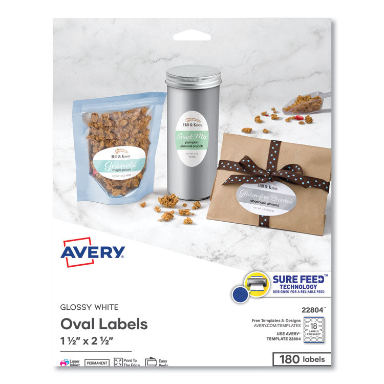 Avery Oval Labels with Sure Feed and Easy Peel, 1.5 x 2.5, Glossy White, 180/Pack (AVE22804) Box of 180