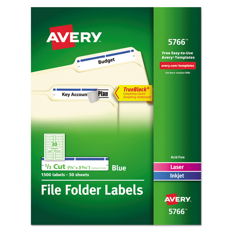 Avery Permanent TrueBlock File Folder Labels with Sure Feed Technology, 0.66 x 3.44, Blue/White, 30/Sheet, 50 Sheets/Box (AVE5766) Box of 1500