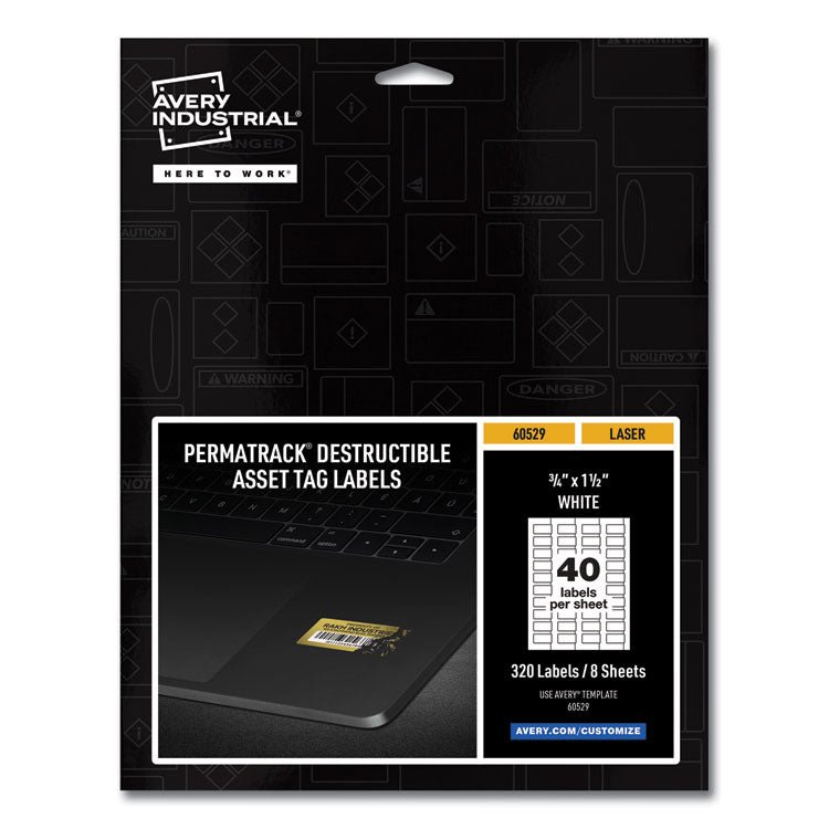 Avery PermaTrack Destructible Asset Tag Labels, Laser Printers, 0.75 x 1.5, White, 40/Sheet, 8 Sheets/Pack (AVE60529)