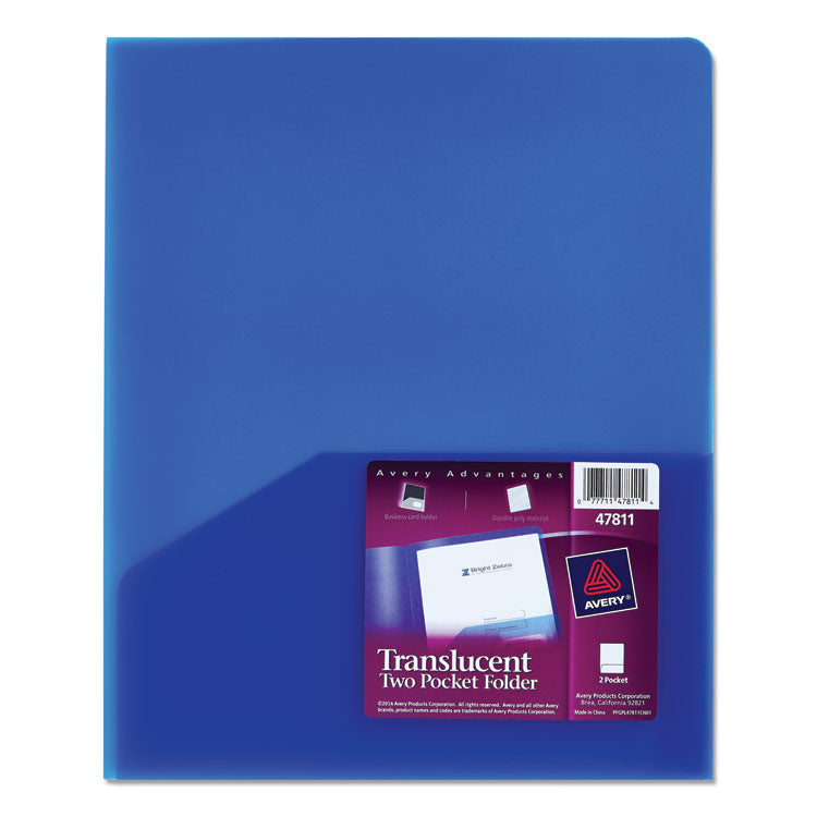 Avery Plastic Two-Pocket Folder, 20-Sheet Capacity, 11 x 8.5, Translucent Blue (AVE47811) Each