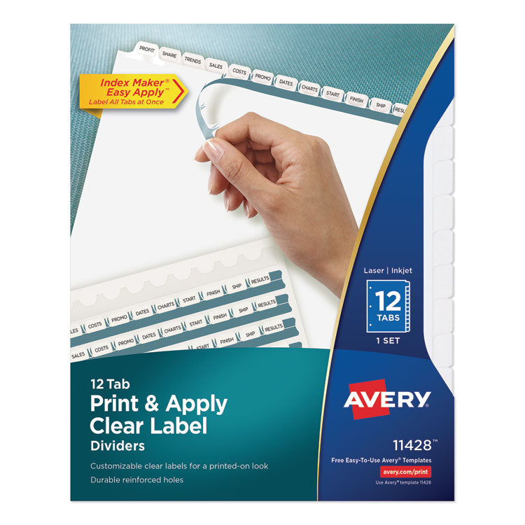 Avery Print and Apply Index Maker Clear Label Dividers, 12-Tab, White Tabs, 11 x 8.5, White, 1 Set (AVE11428) Set of 12