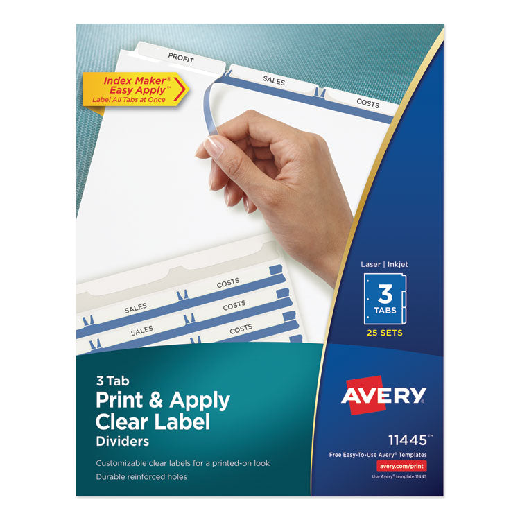 Avery Print and Apply Index Maker Clear Label Dividers, 3-Tab, White Tabs, 11 x 8.5, White, 25 Sets (AVE11445) Box of 25