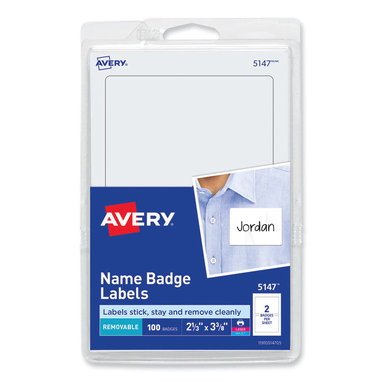 Avery Printable Adhesive Name Badges, 3.38 x 2.33, White, 100/Pack (AVE5147) Pack of 100