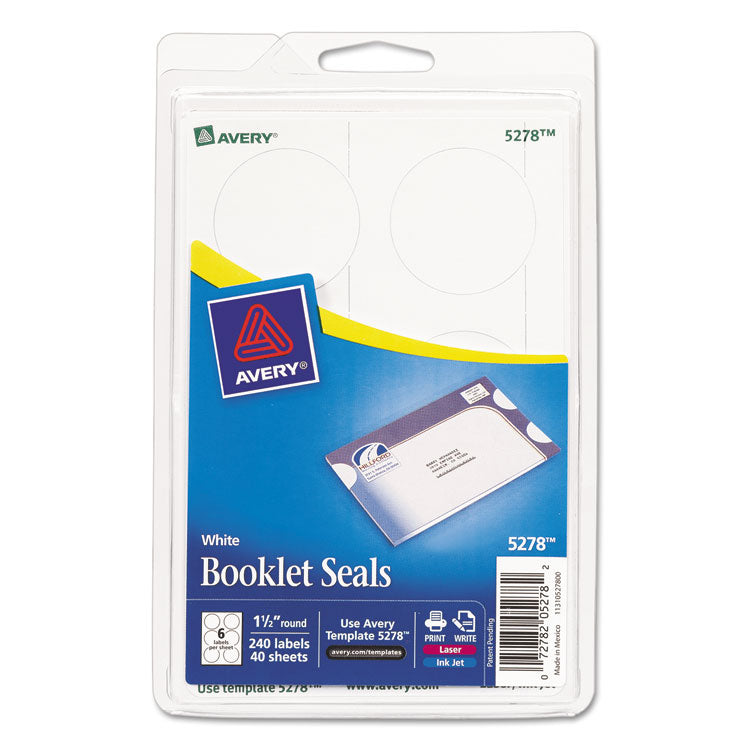 Avery Printable Mailing Seals, 1.5" dia, White, 6/Sheet, 40 Sheets/Pack (AVE5278) Pack of 240