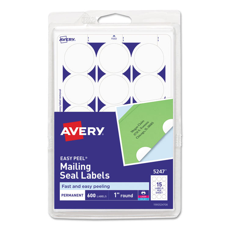 Avery Printable Mailing Seals, 1" dia, White, 15/Sheet, 40 Sheets/Pack, (5247) (AVE05247) Pack of 600