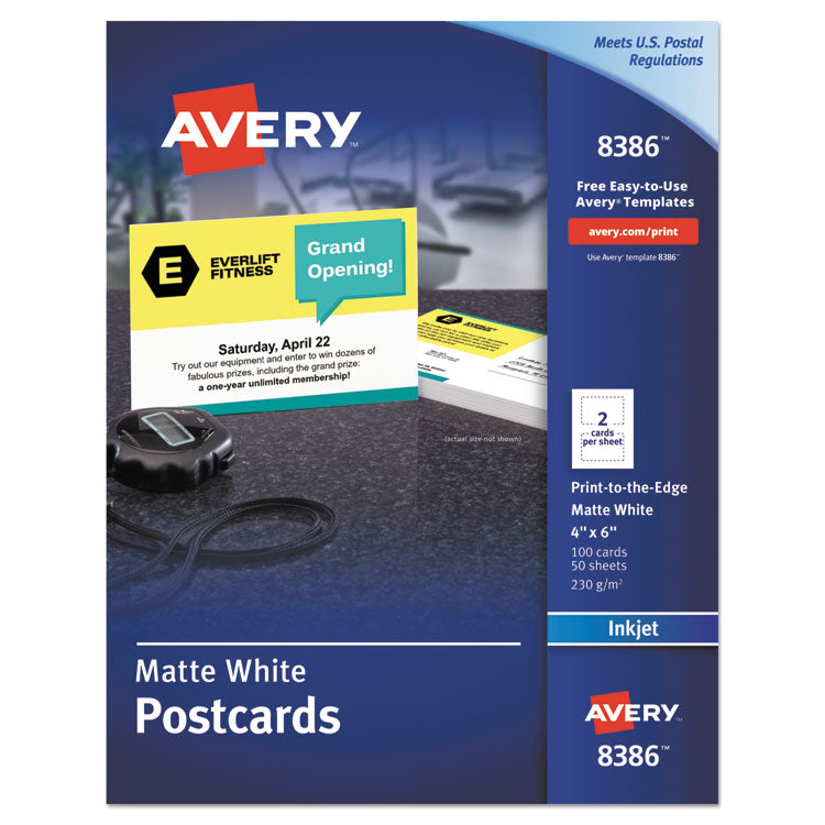 Avery Printable Postcards, Inkjet, 85 lb, 4 x 6, Matte White, 100 Cards, 2 Cards/Sheet, 50 Sheets/Box (AVE8386) Each
