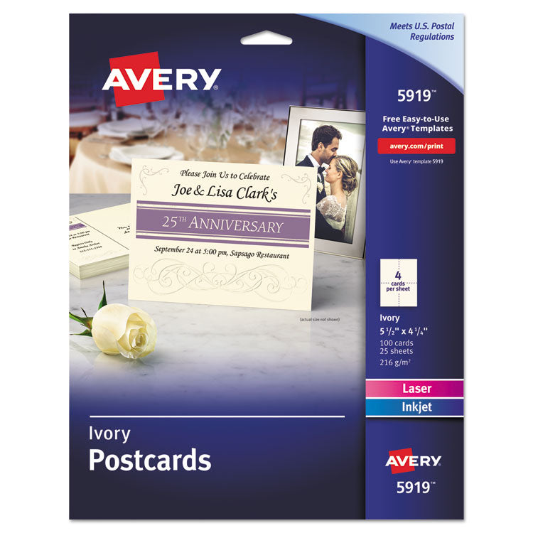 Avery Printable Postcards, Inkjet/Laser, 74 lb, 4.25 x 5.5, Ivory, 100 Cards, 4 Cards/Sheet, 25 Sheets/Box (AVE5919) Pack of 100