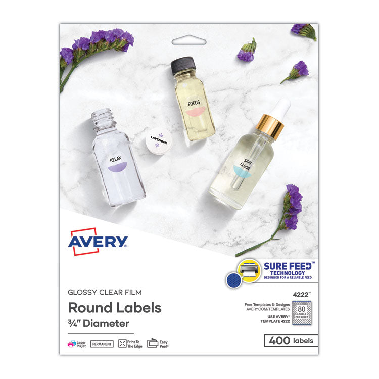 Avery Printable Self-Adhesive Permanent ID Labels w/Sure Feed, 0.75" dia, Clear, 400/PK (AVE4222) Pack of 6