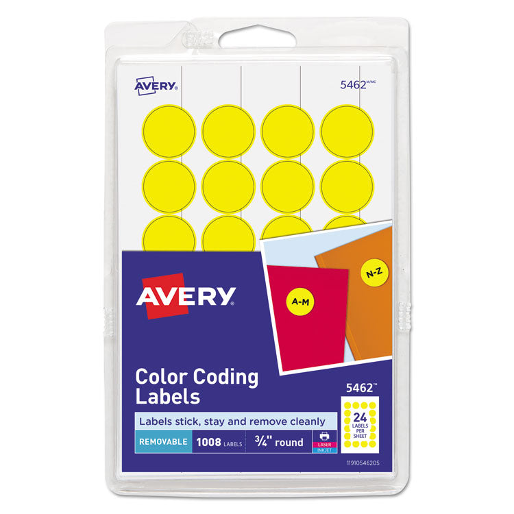 Avery Printable Self-Adhesive Removable Color-Coding Labels, 0.75" dia, Yellow, 24/Sheet, 42 Sheets/Pack, (5462) (AVE05462) Pack of 1000