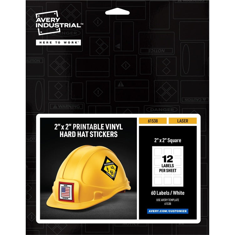 Avery® Printable Hard Hat/Helmet Vinyl Stickers - Square Shape - Full-Bleed Design - 2", x 2" Width - White - Vinyl (AVE61538) Pack of 60
