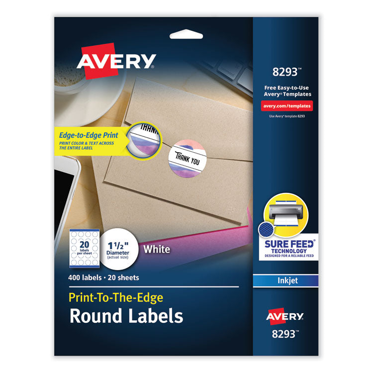 Avery Vibrant Inkjet Color-Print Labels w/ Sure Feed, 1.5" dia, White, 400/PK (AVE8293) Pack of 400