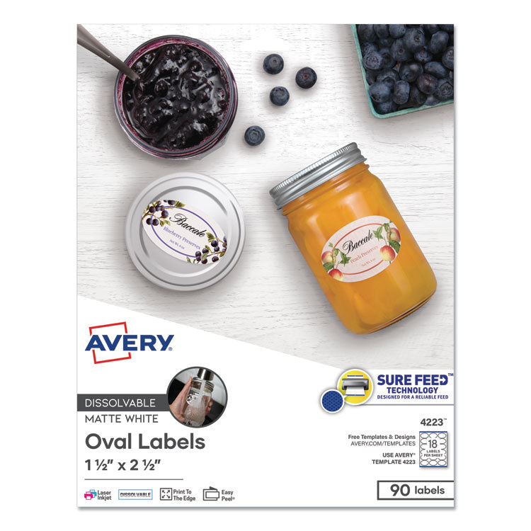 Avery White Dissolvable Labels w/ Sure Feed, 1.5 x 2.5, Oval, White, 90/PK (AVE4223) Pack of 90