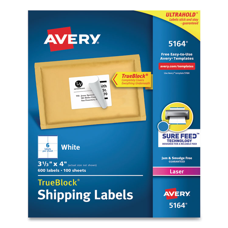 Avery Shipping Labels w/ TrueBlock Technology, Laser Printers, 3.33 x 4, White, 6/Sheet, 100 Sheets/Box (AVE5164) Box of 600