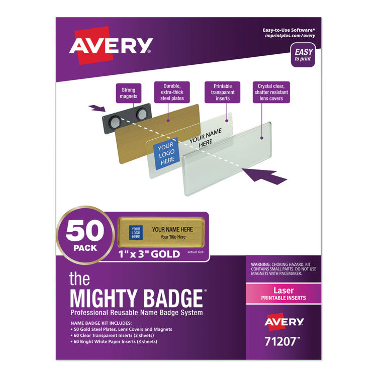 Avery The Mighty Badge Name Badge Holder Kit, Horizontal, 3 x 1, Laser, Gold, 50 Holders/120 Inserts (AVE71207) Pack of 50