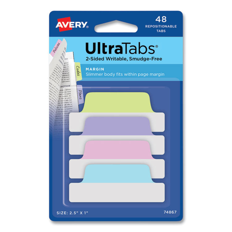 Avery Ultra Tabs Repositionable Tabs, Margin Tabs: 2.5" x 1", 1/5-Cut, Assorted Pastel Colors, 48/Pack (AVE74867) Pack of 48