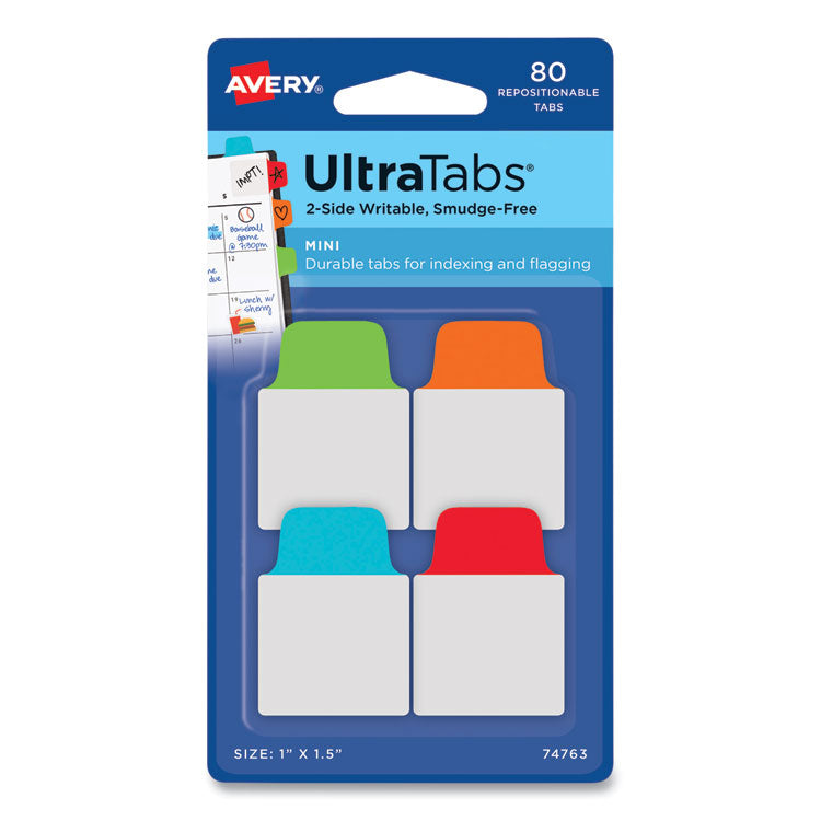 Avery Ultra Tabs Repositionable Tabs, Mini Tabs: 1" x 1.5", 1/5-Cut, Assorted Colors, 80/Pack (AVE74763) Pack of 80