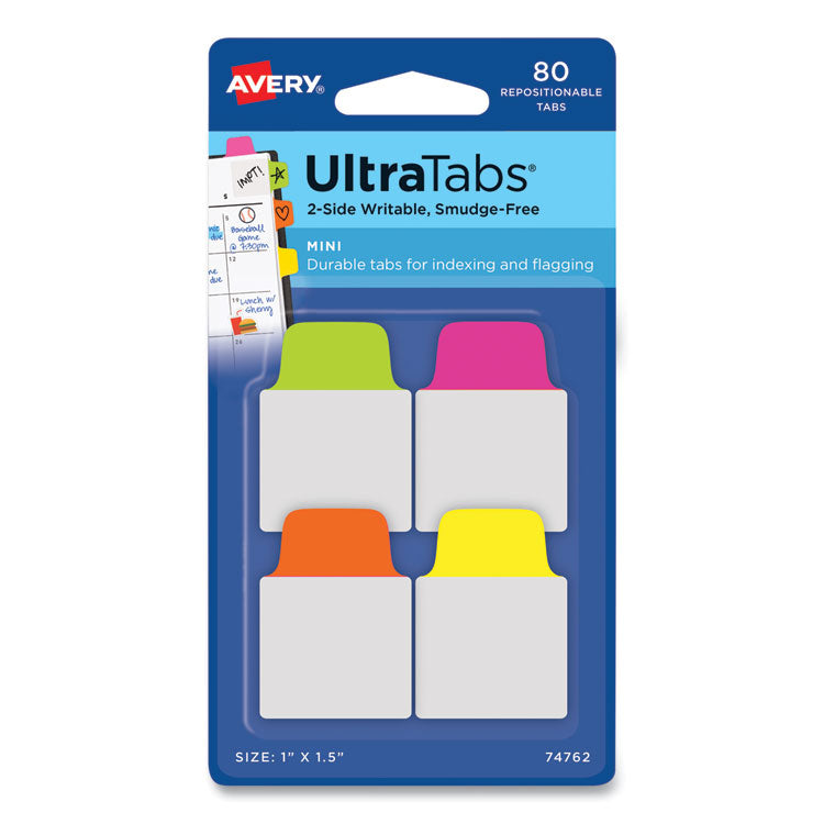 Avery Ultra Tabs Repositionable Tabs, Mini Tabs: 1" x 1.5", 1/5-Cut, Assorted Neon Colors, 80/Pack (AVE74762) Pack of 80