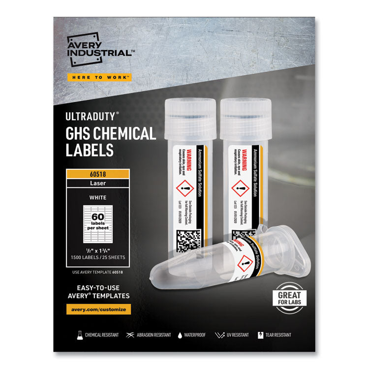 Avery UltraDuty GHS Chemical Waterproof and UV Resistant Labels, 0.5 x 1.75, White, 60/Sheet, 25 Sheets/Pack (AVE60518) Box of 1500