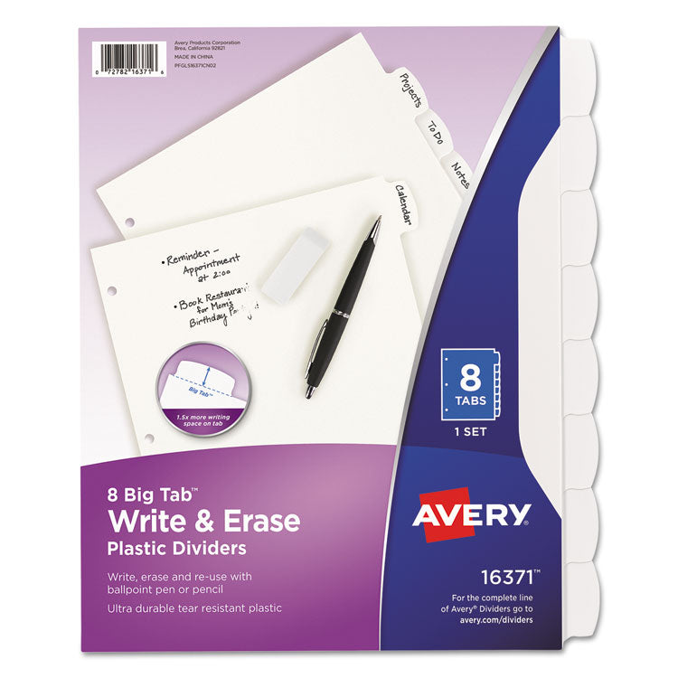 Avery Write and Erase Big Tab Durable Plastic Dividers, 3-Hole Punched, 8-Tab, 11 x 8.5, White, 1 Set (AVE16371) Set of 8
