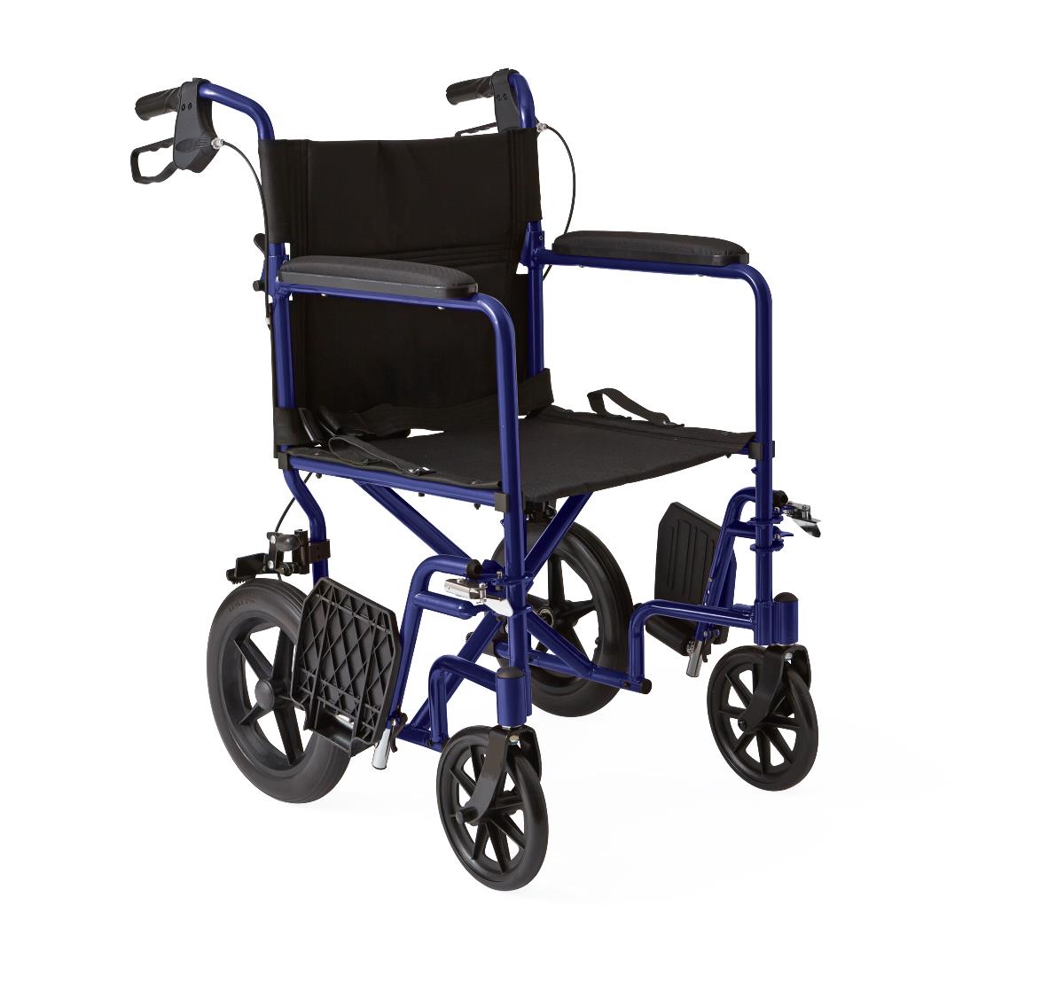 Basic Aluminum Transport Chair with Permanent Full-Length Arms, Swing-Away Footrests and 12" Wheels, Blue, 1/CS (MDS808210ABE) Case of 1