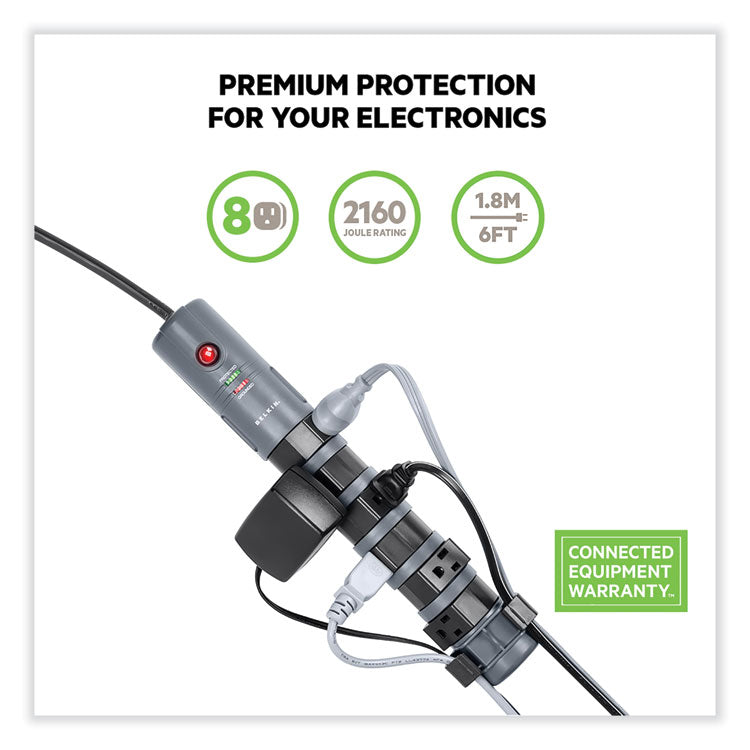 Belkin Pivot Plug Surge Protector, 8 AC Outlets, 6 ft Cord, 1,800 J, Black (BLKBP10800006) Each