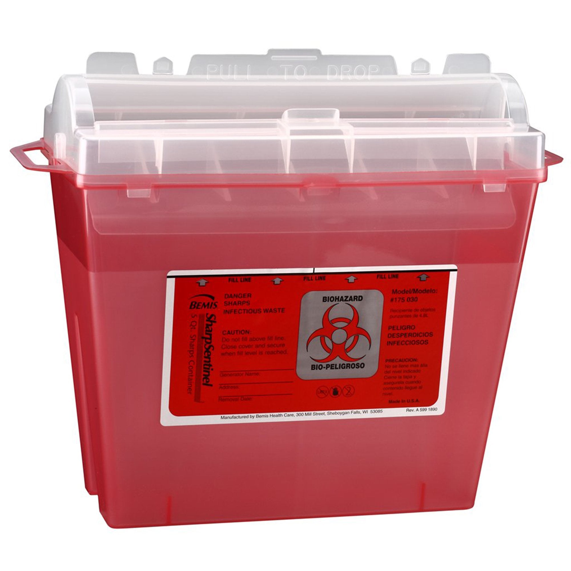 Bemis Sentinel Sharps Container Translucent Red Base 10 H X 5-1/4 W X 11 D Inch Horizontal Entry 1.25 Gallon (298930_EA) 1/EA