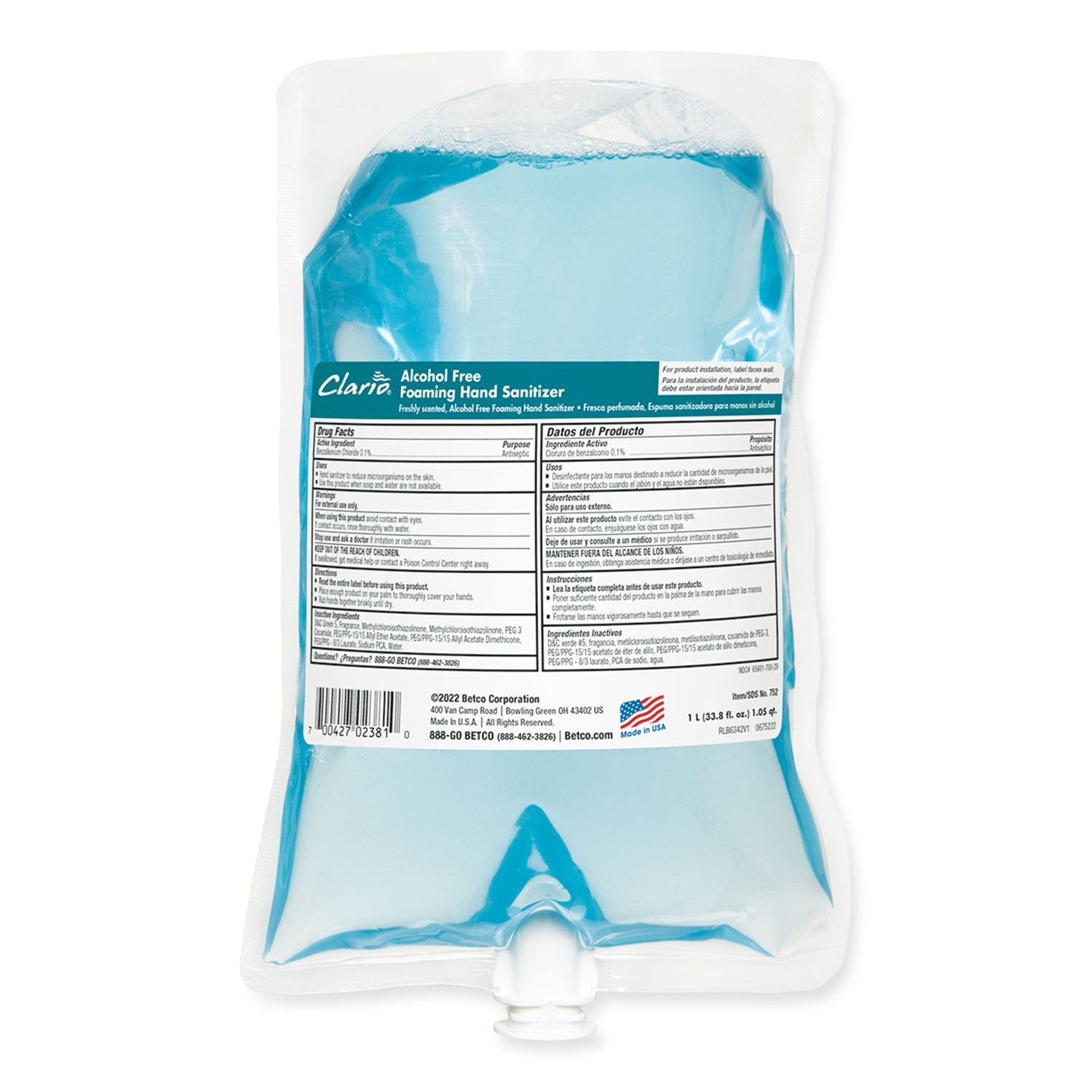 Betco Clario Alcohol Free Foaming Hand Sanitizer, 1,000 mL Bag, Fresh, 6/Carton (BET7522900) Case of 6