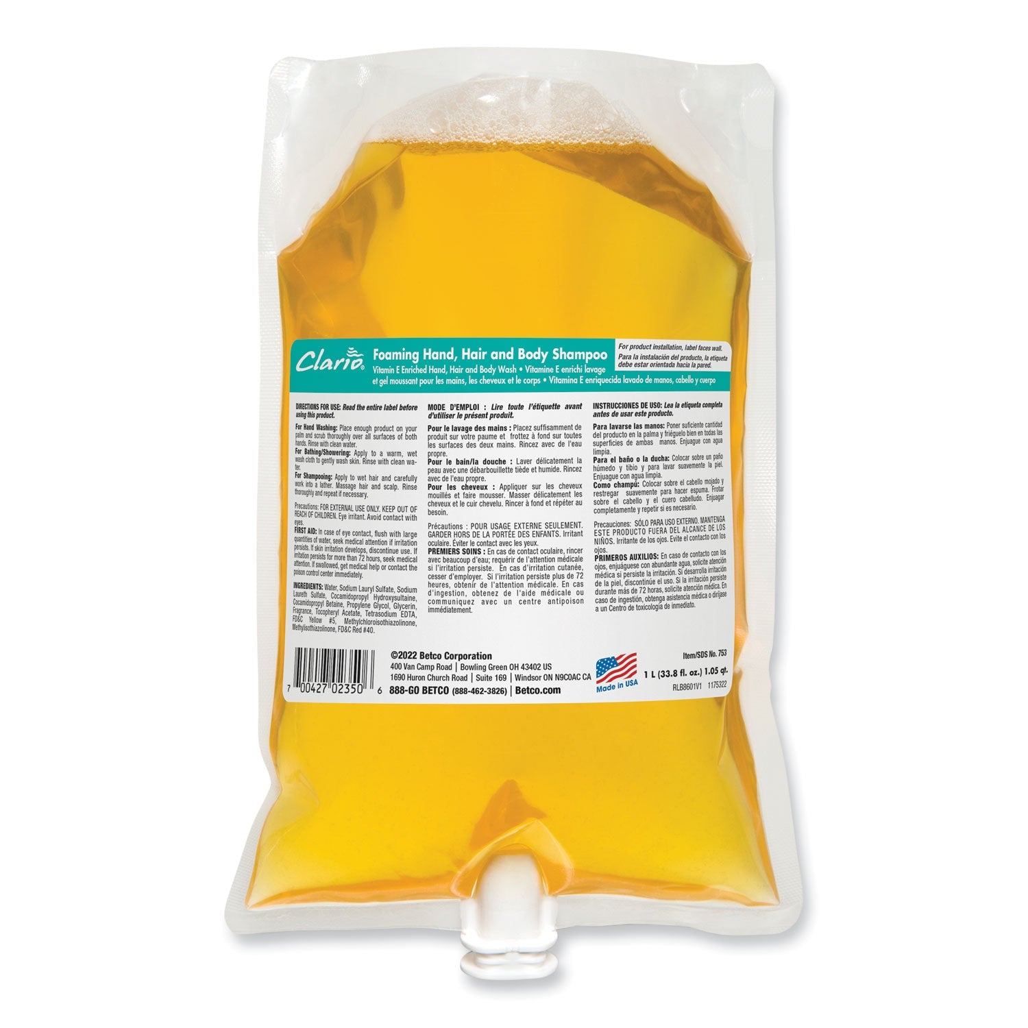 Betco Foaming Hand, Hair and Body Shampoo, Fresh, 1,000 mL, 6/Carton (BET7532900) Case of 6