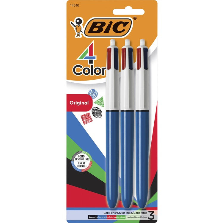 BIC 4-Color Retractable Ballpoint Pen, 1mm, Black/Blue/Green/Red Ink, Blue Barrel, 3/Pack (BICMMP31) Pack of 3