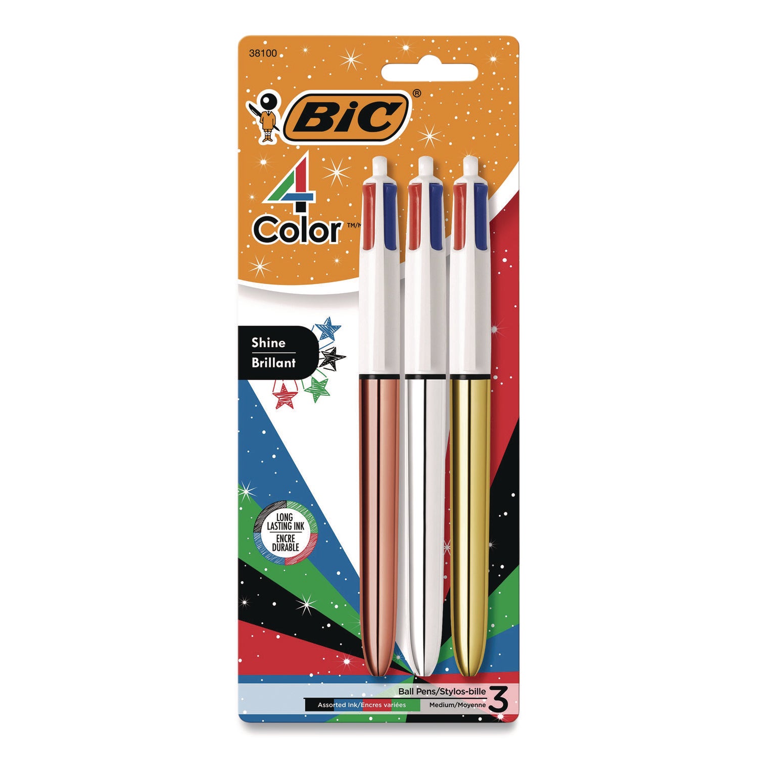 BIC 4-Color Shine Multi-Color Ballpoint Pen, Retractable, Medium 1mm, Black/Blue/Green/Red Ink, Assorted Metallic Barrels, 3/Pack (BICMMMTP31AST) Pack of 3