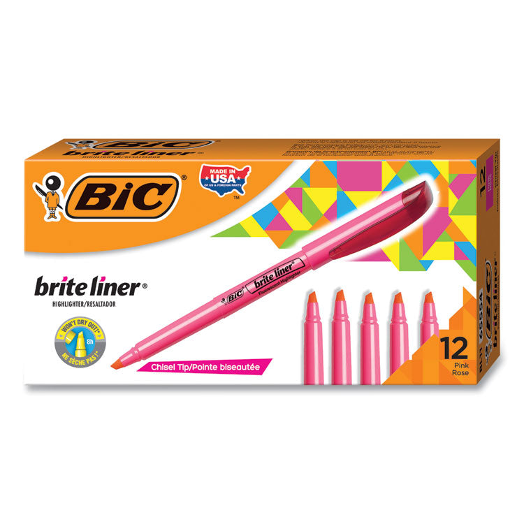 BIC Brite Liner Highlighter, Fluorescent Pink Ink, Chisel Tip, Pink/Black Barrel, Dozen (BICBL11PK) Set of 12